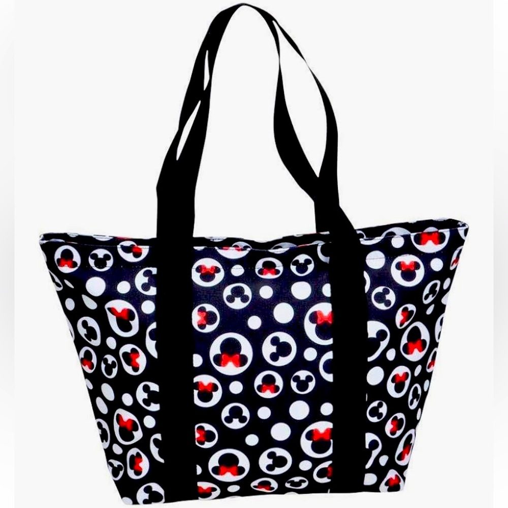 Disney Tote Mickey & Minnie Mouse Icon Print Zipper Travel Bag, black/white/red